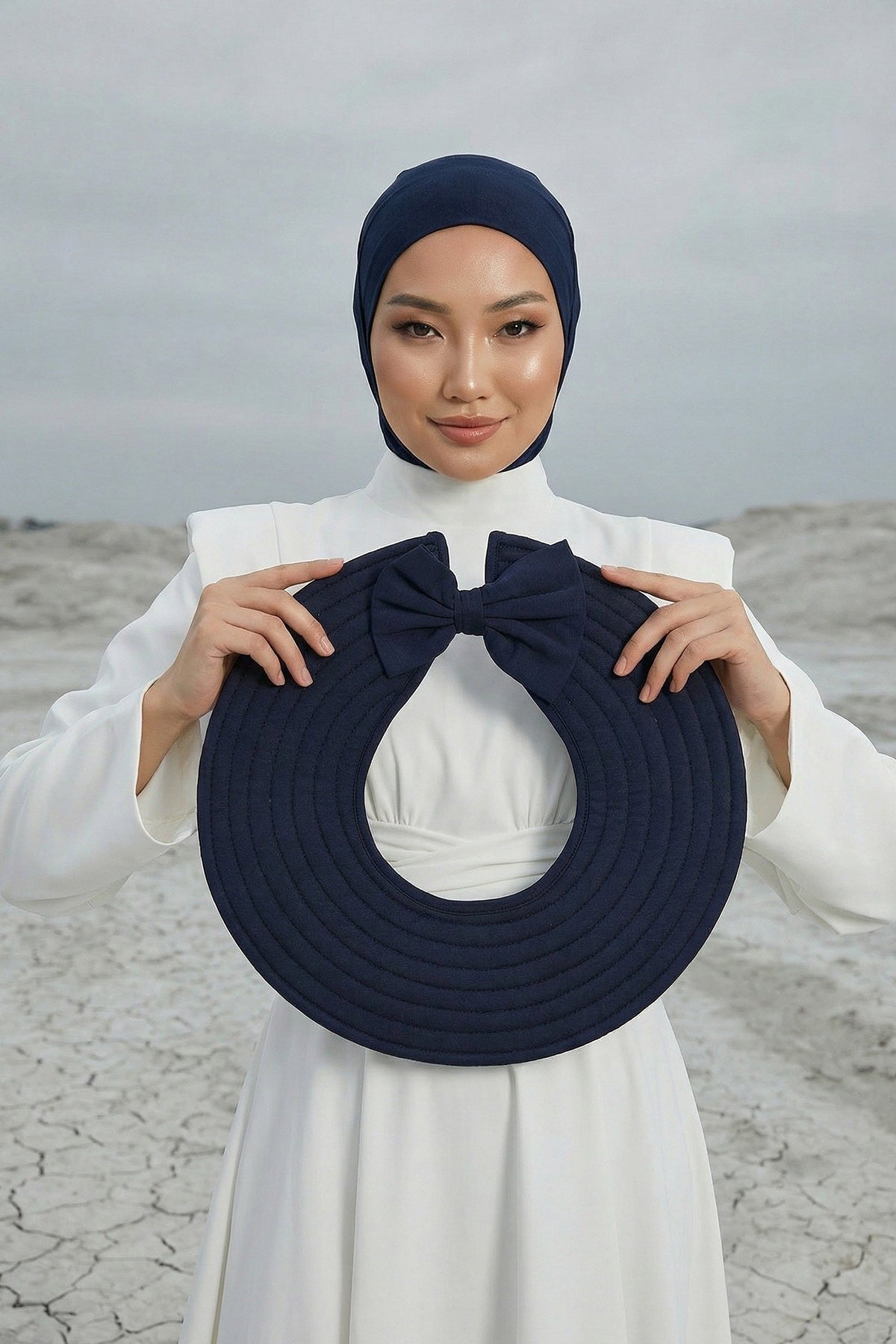 Modest Sun Protective Turban Bonnet with Removable Bow Brim for Women, 2-in-1 Hijab Ninja Cap with Removable Brim,S-5 Navy Blue