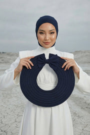 Modest Sun Protective Turban Bonnet with Removable Bow Brim for Women, 2-in-1 Hijab Ninja Cap with Removable Brim,S-5 Navy Blue