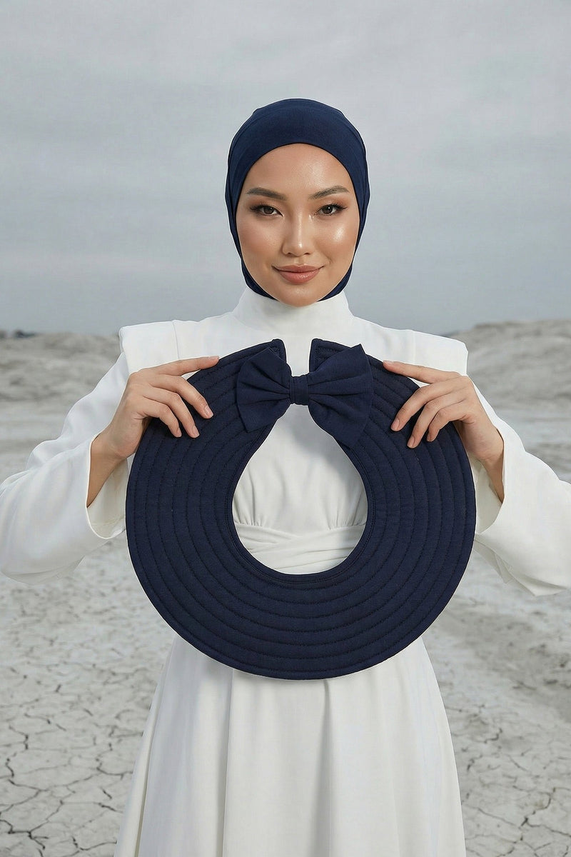 Modest Sun Protective Turban Bonnet with Removable Bow Brim for Women, 2-in-1 Hijab Ninja Cap with Removable Brim,S-5 Navy Blue