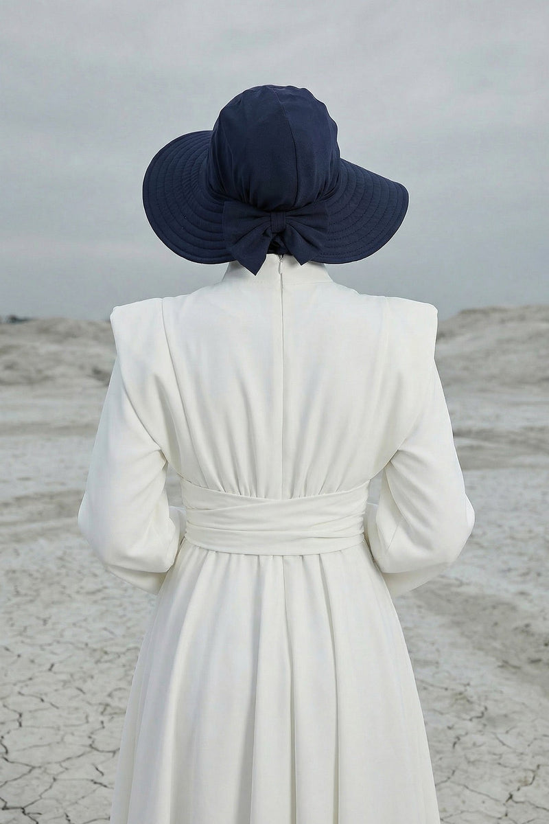 Modest Sun Protective Turban Bonnet with Removable Bow Brim for Women, 2-in-1 Hijab Ninja Cap with Removable Brim,S-5 Navy Blue