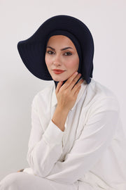 Modest Sun Protective Turban Bonnet with Removable Bow Brim for Women, 2-in-1 Hijab Ninja Cap with Removable Brim,S-5 Navy Blue