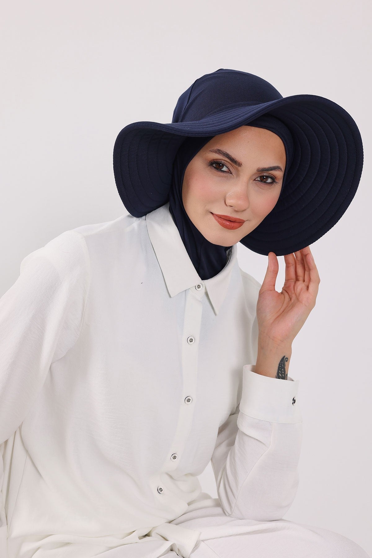 Modest Sun Protective Turban Bonnet with Removable Bow Brim for Women, 2-in-1 Hijab Ninja Cap with Removable Brim,S-5 Navy Blue