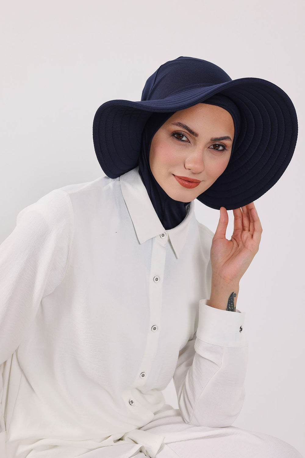 Modest Sun Protective Turban Bonnet with Removable Bow Brim for Women, 2-in-1 Hijab Ninja Cap with Removable Brim,S-5 Navy Blue