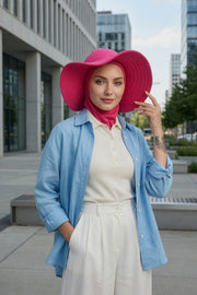 Modest Sun Protective Turban Bonnet with Removable Bow Brim for Women, 2-in-1 Hijab Ninja Cap with Removable Brim,S-5 Fuchsia