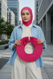 Modest Sun Protective Turban Bonnet with Removable Bow Brim for Women, 2-in-1 Hijab Ninja Cap with Removable Brim,S-5 Fuchsia