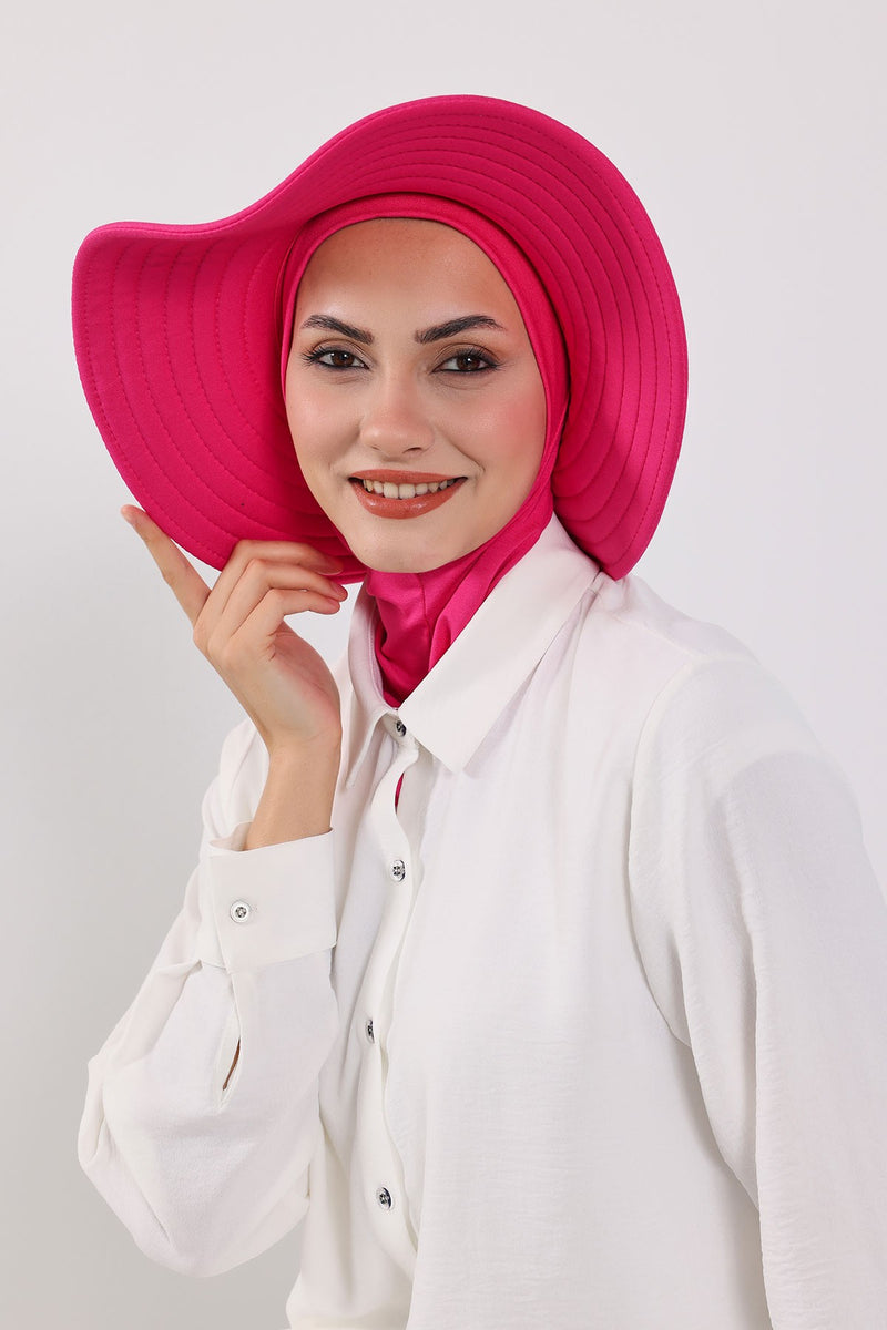 Modest Sun Protective Turban Bonnet with Removable Bow Brim for Women, 2-in-1 Hijab Ninja Cap with Removable Brim,S-5 Fuchsia