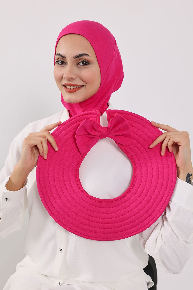 Modest Sun Protective Turban Bonnet with Removable Bow Brim for Women, 2-in-1 Hijab Ninja Cap with Removable Brim,S-5 Fuchsia