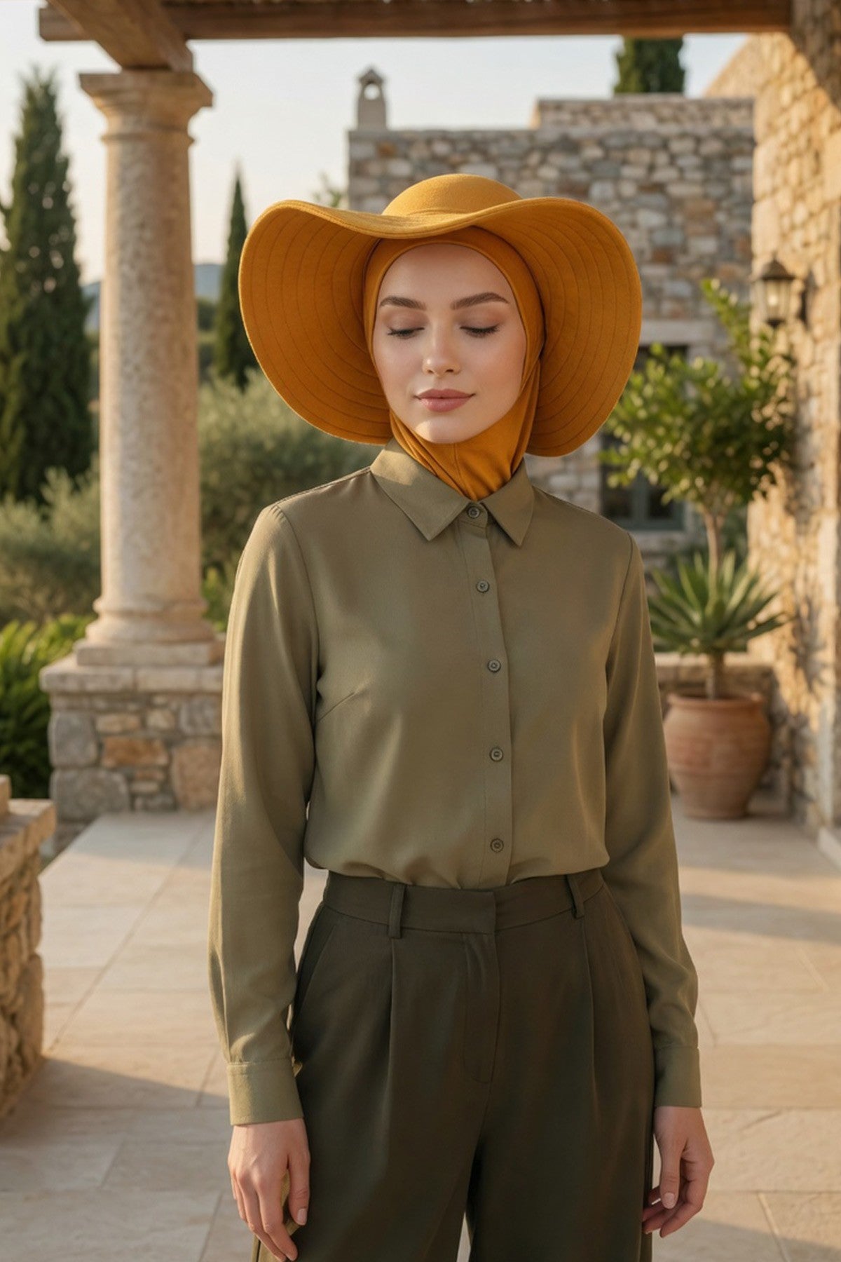 Modest Sun Protective Turban Bonnet with Removable Bow Brim for Women, 2-in-1 Hijab Ninja Cap with Removable Brim,S-5 Mustard Yellow
