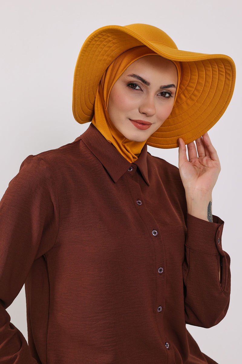 Modest Sun Protective Turban Bonnet with Removable Bow Brim for Women, 2-in-1 Hijab Ninja Cap with Removable Brim,S-5 Mustard Yellow