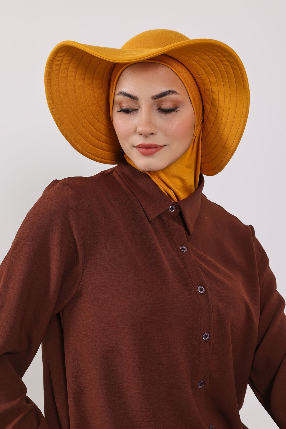 Modest Sun Protective Turban Bonnet with Removable Bow Brim for Women, 2-in-1 Hijab Ninja Cap with Removable Brim,S-5 Mustard Yellow