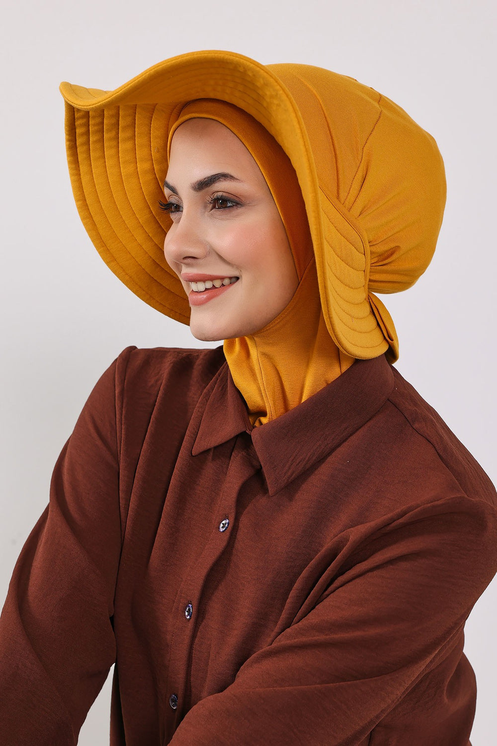 Modest Sun Protective Turban Bonnet with Removable Bow Brim for Women, 2-in-1 Hijab Ninja Cap with Removable Brim,S-5 Mustard Yellow