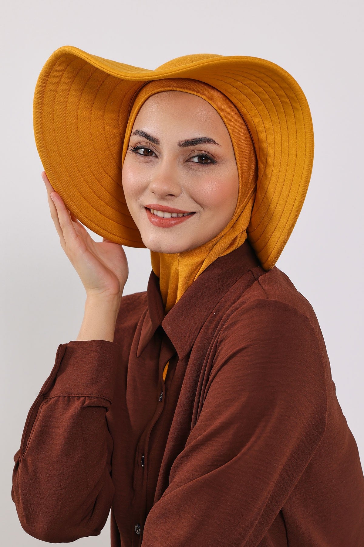 Modest Sun Protective Turban Bonnet with Removable Bow Brim for Women, 2-in-1 Hijab Ninja Cap with Removable Brim,S-5 Mustard Yellow