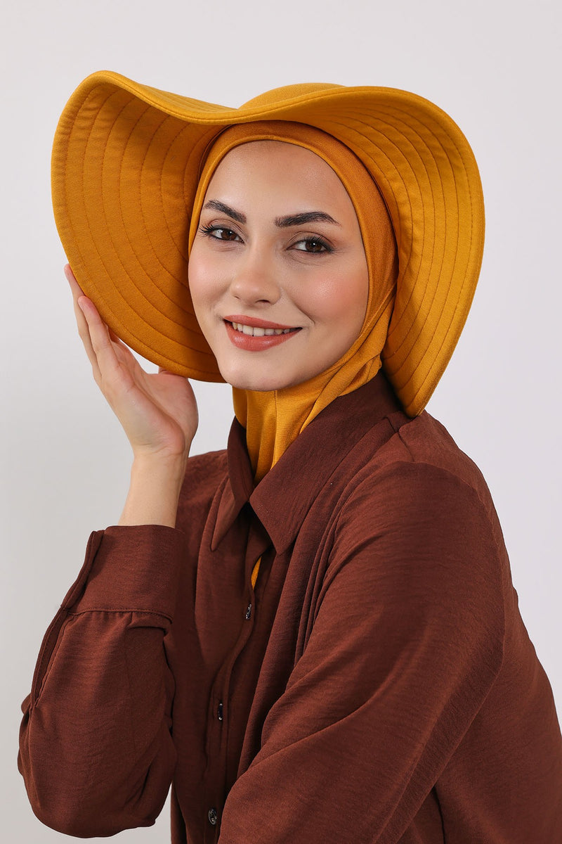 Modest Sun Protective Turban Bonnet with Removable Bow Brim for Women, 2-in-1 Hijab Ninja Cap with Removable Brim,S-5 Mustard Yellow