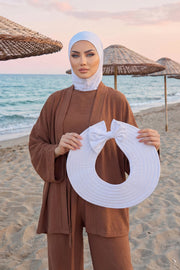 Modest Sun Protective Turban Bonnet with Removable Bow Brim for Women, 2-in-1 Hijab Ninja Cap with Removable Brim,S-5 White