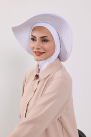 Modest Sun Protective Turban Bonnet with Removable Bow Brim for Women, 2-in-1 Hijab Ninja Cap with Removable Brim,S-5 White