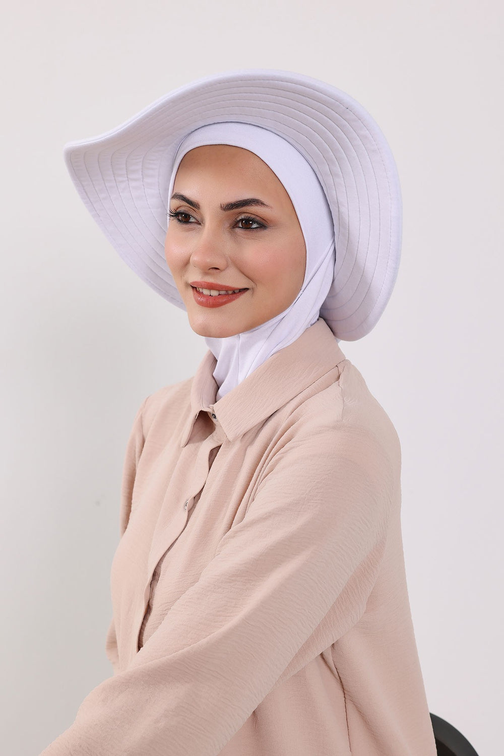Modest Sun Protective Turban Bonnet with Removable Bow Brim for Women, 2-in-1 Hijab Ninja Cap with Removable Brim,S-5 White