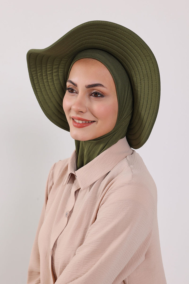 Modest Sun Protective Turban Bonnet with Removable Bow Brim for Women, 2-in-1 Hijab Ninja Cap with Removable Brim,S-5 Army Green