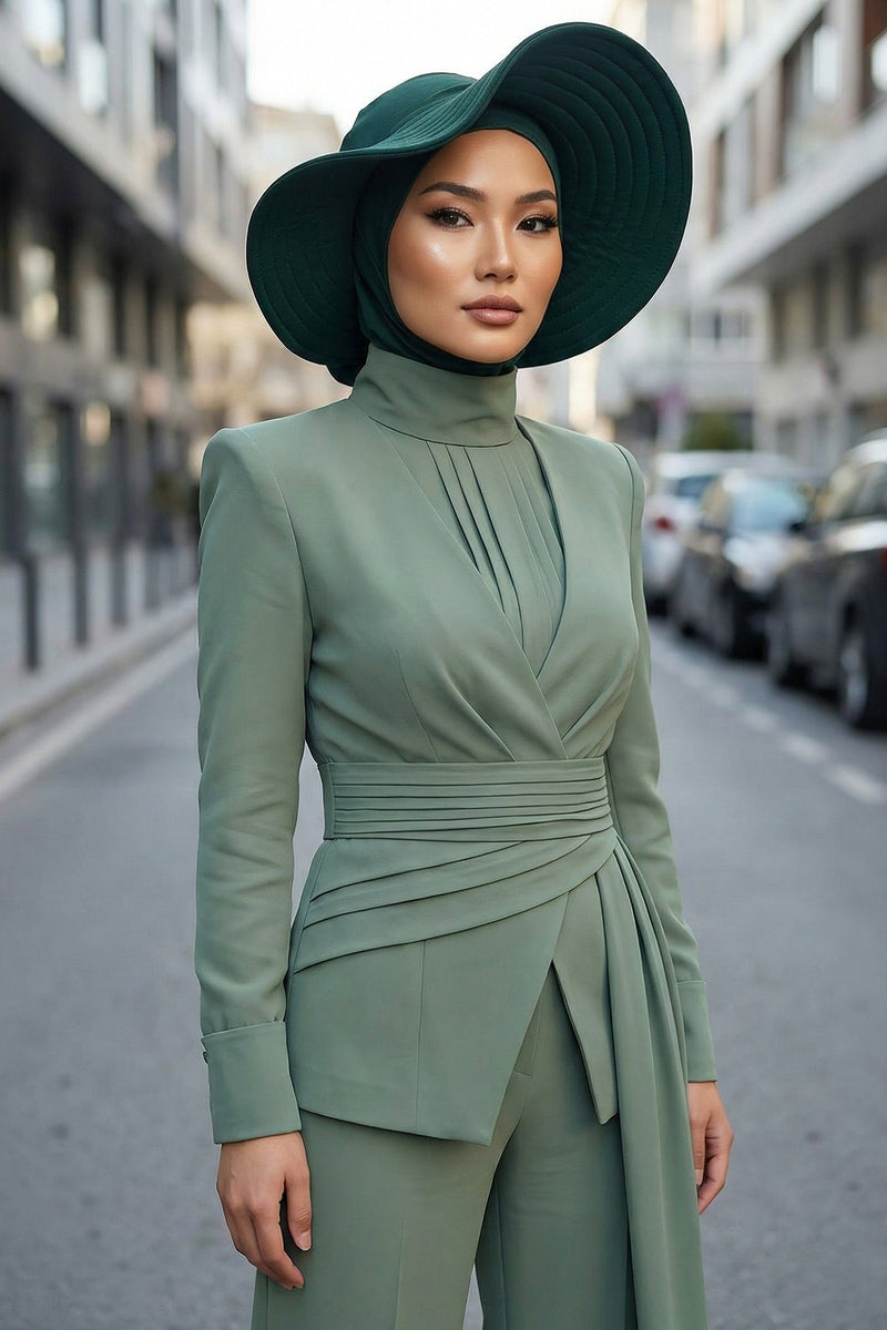 Modest Sun Protective Turban Bonnet with Removable Bow Brim for Women, 2-in-1 Hijab Ninja Cap with Removable Brim,S-5 Green