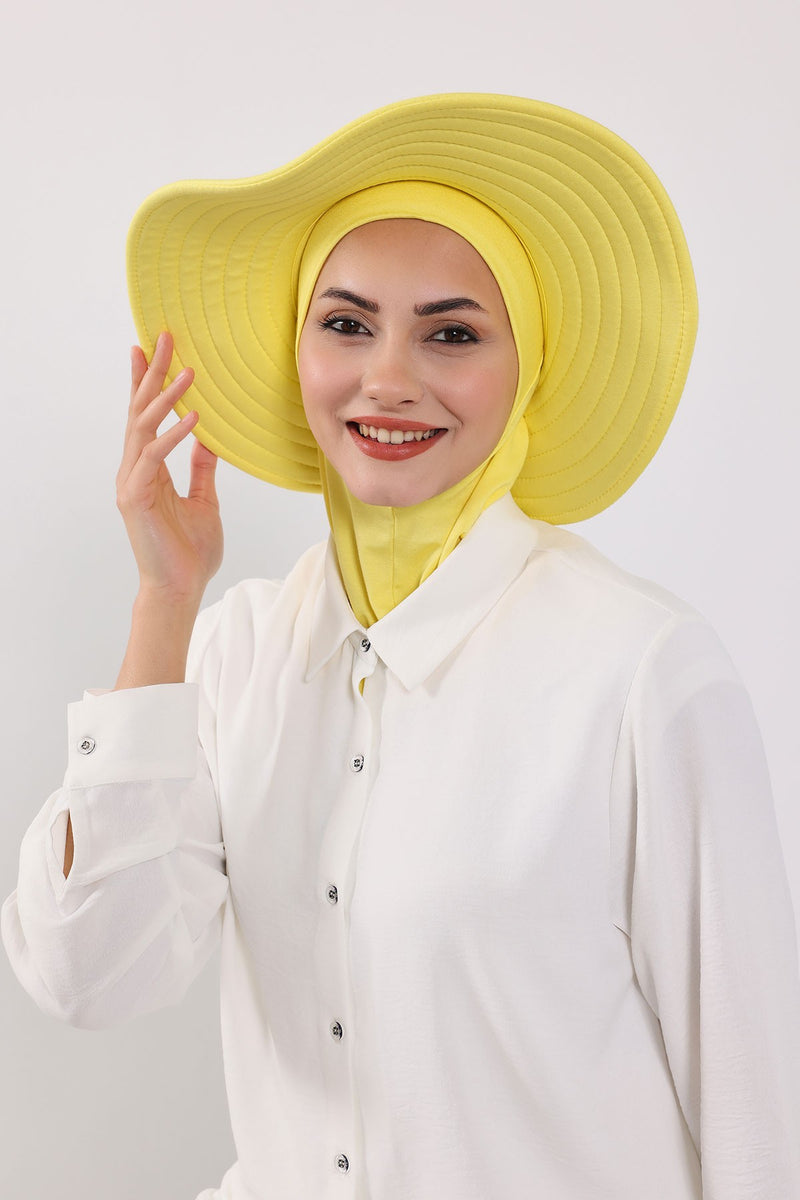 Modest Sun Protective Turban Bonnet with Removable Bow Brim for Women, 2-in-1 Hijab Ninja Cap with Removable Brim,S-5 Yellow