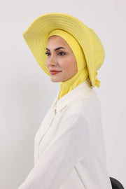 Modest Sun Protective Turban Bonnet with Removable Bow Brim for Women, 2-in-1 Hijab Ninja Cap with Removable Brim,S-5 Yellow