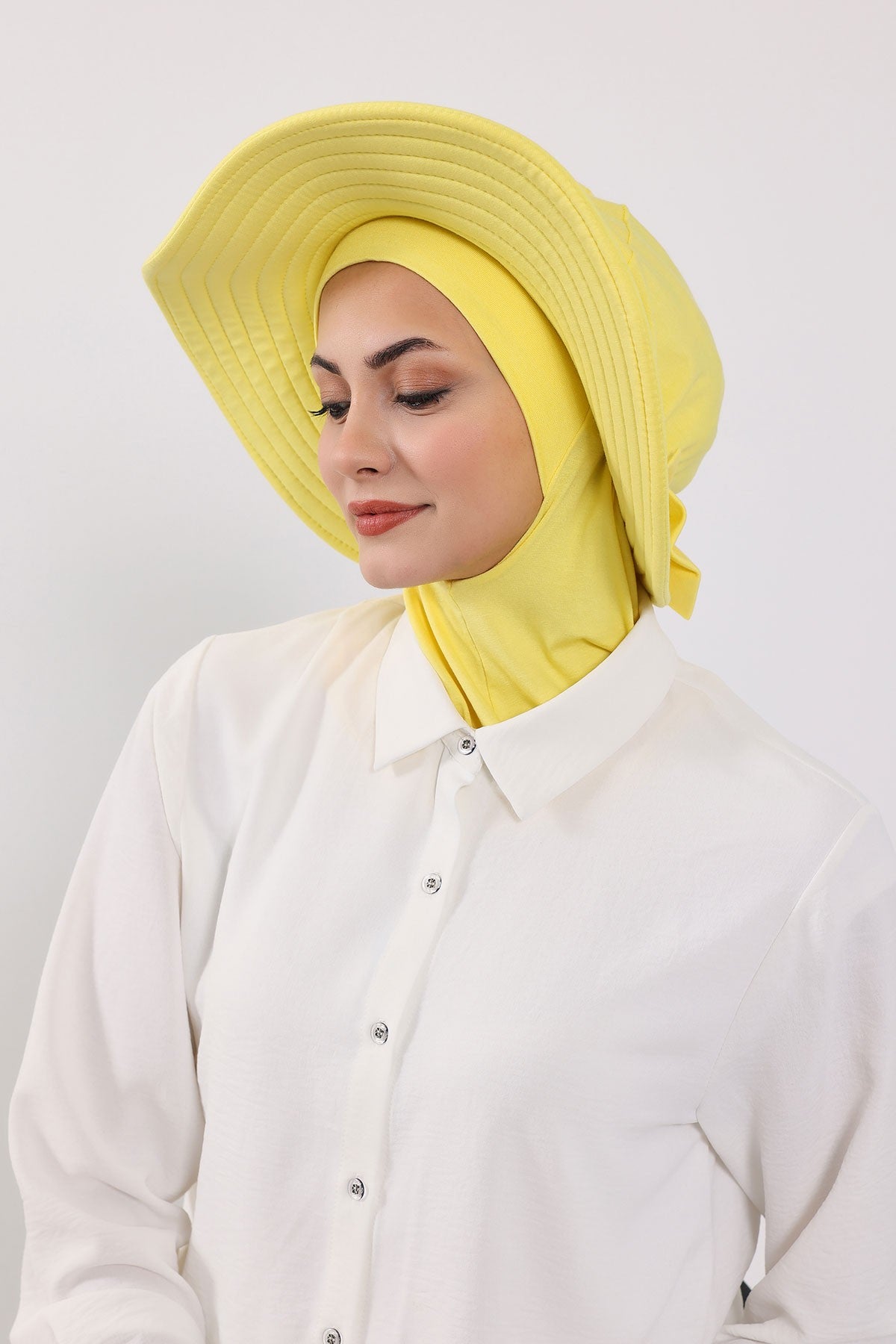 Modest Sun Protective Turban Bonnet with Removable Bow Brim for Women, 2-in-1 Hijab Ninja Cap with Removable Brim,S-5 Yellow