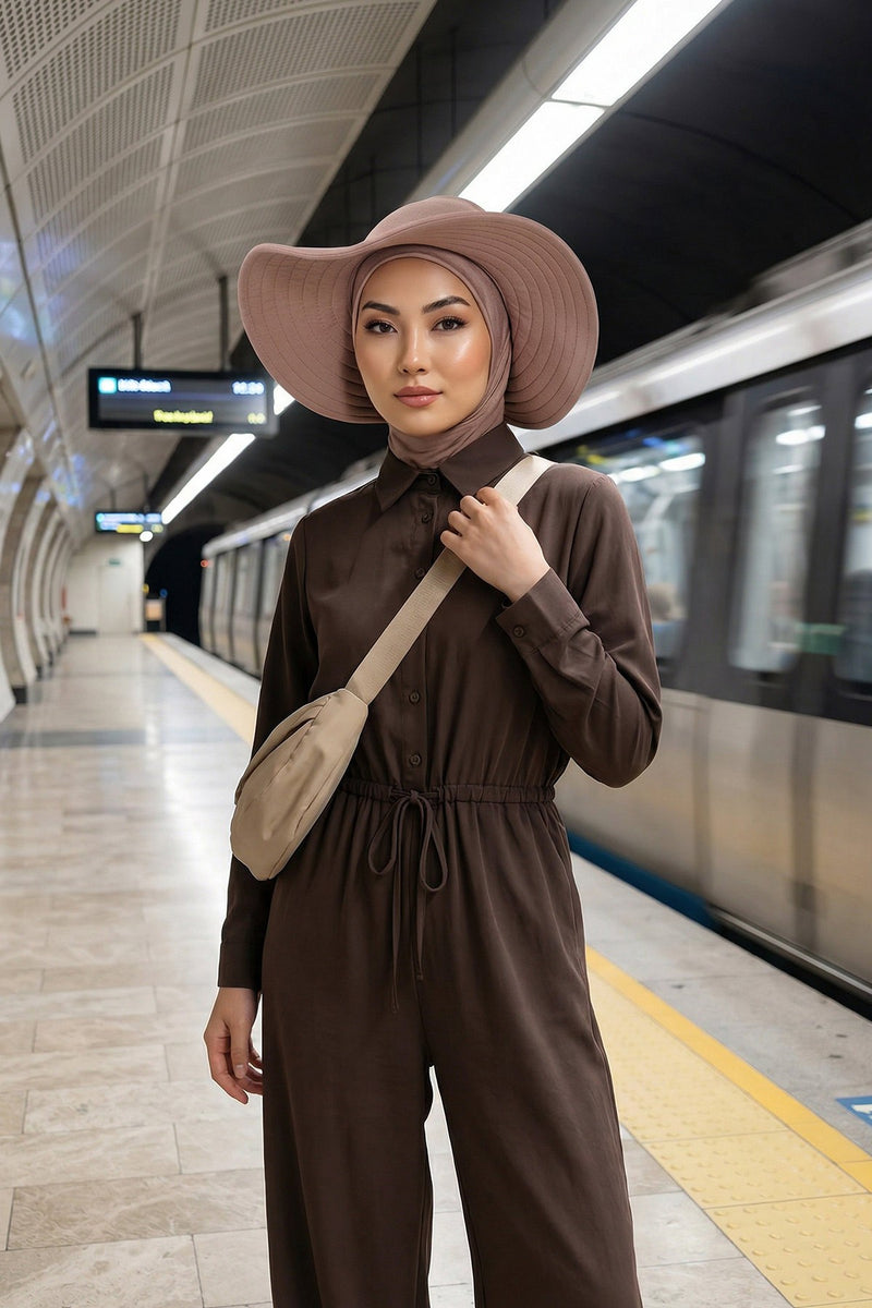 Modest Sun Protective Turban Bonnet with Removable Bow Brim for Women, 2-in-1 Hijab Ninja Cap with Removable Brim,S-5 Mink