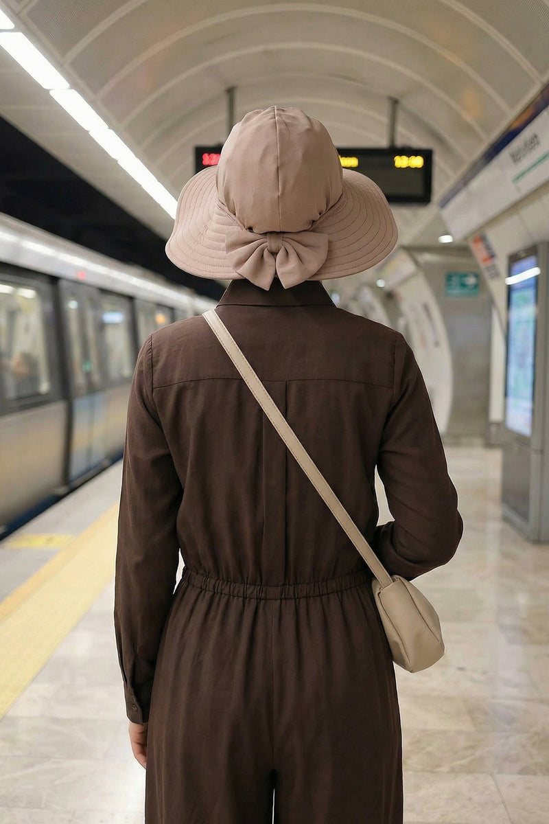 Modest Sun Protective Turban Bonnet with Removable Bow Brim for Women, 2-in-1 Hijab Ninja Cap with Removable Brim,S-5 Mink