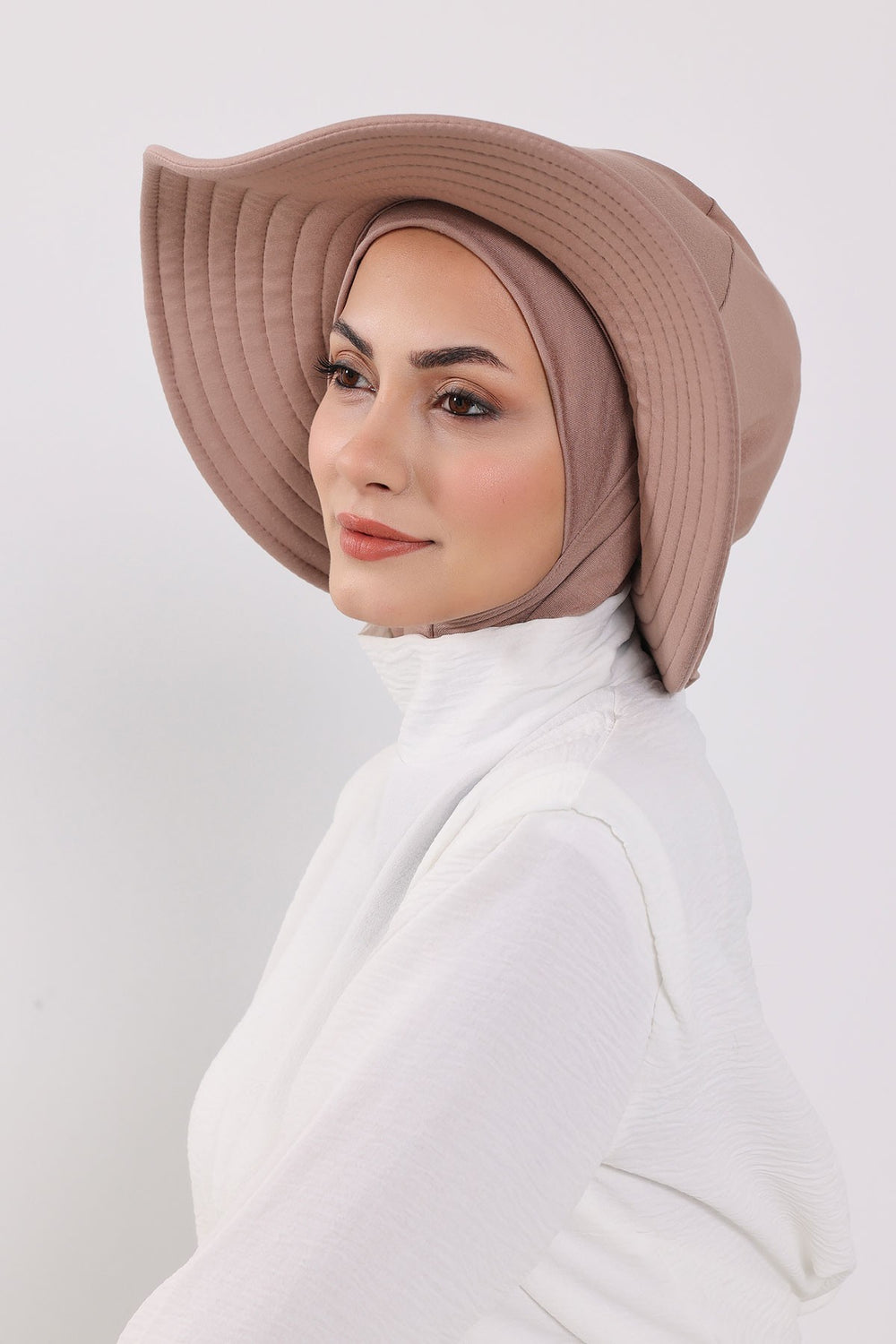 Modest Sun Protective Turban Bonnet with Removable Bow Brim for Women, 2-in-1 Hijab Ninja Cap with Removable Brim,S-5 Mink