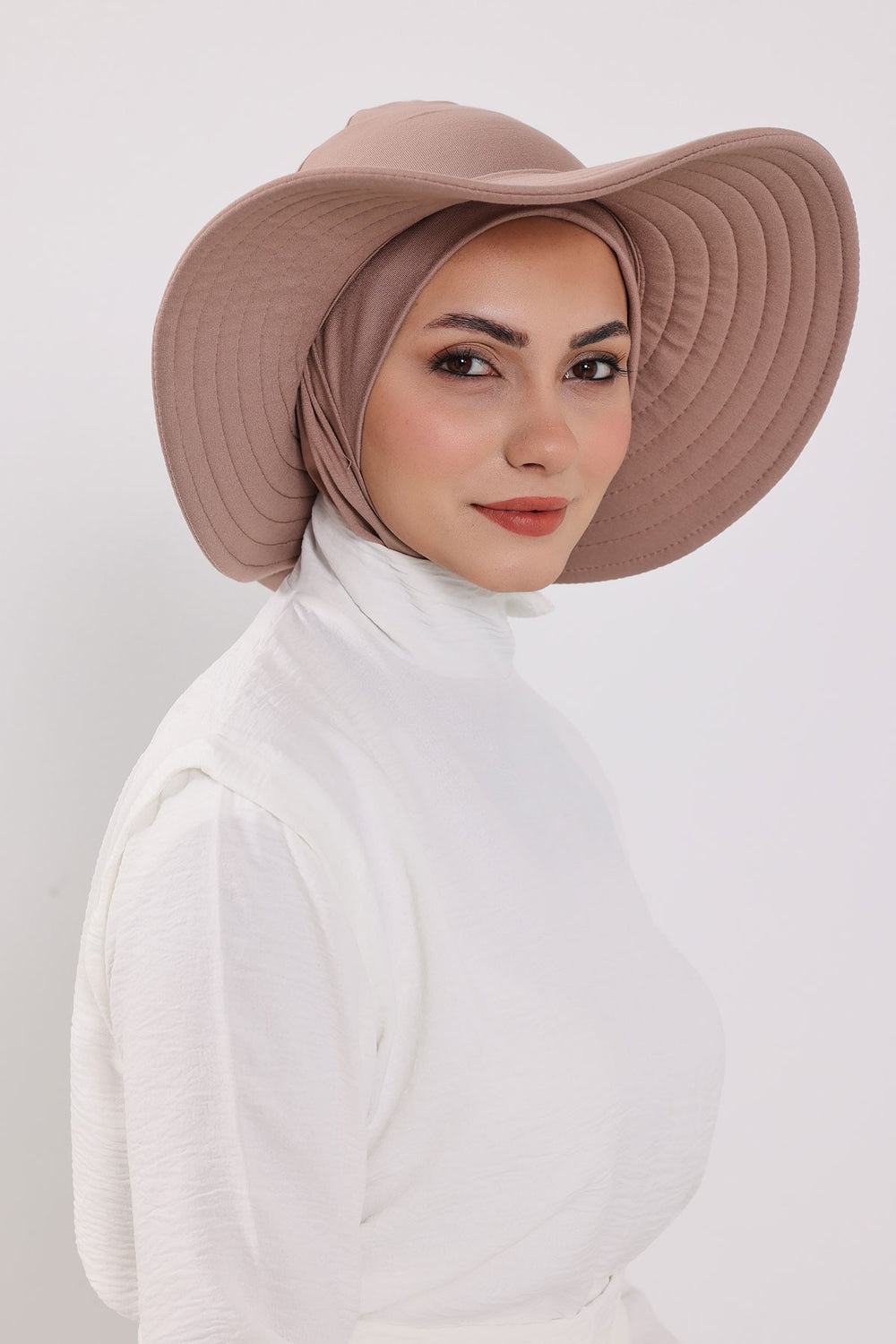 Modest Sun Protective Turban Bonnet with Removable Bow Brim for Women, 2-in-1 Hijab Ninja Cap with Removable Brim,S-5 Mink