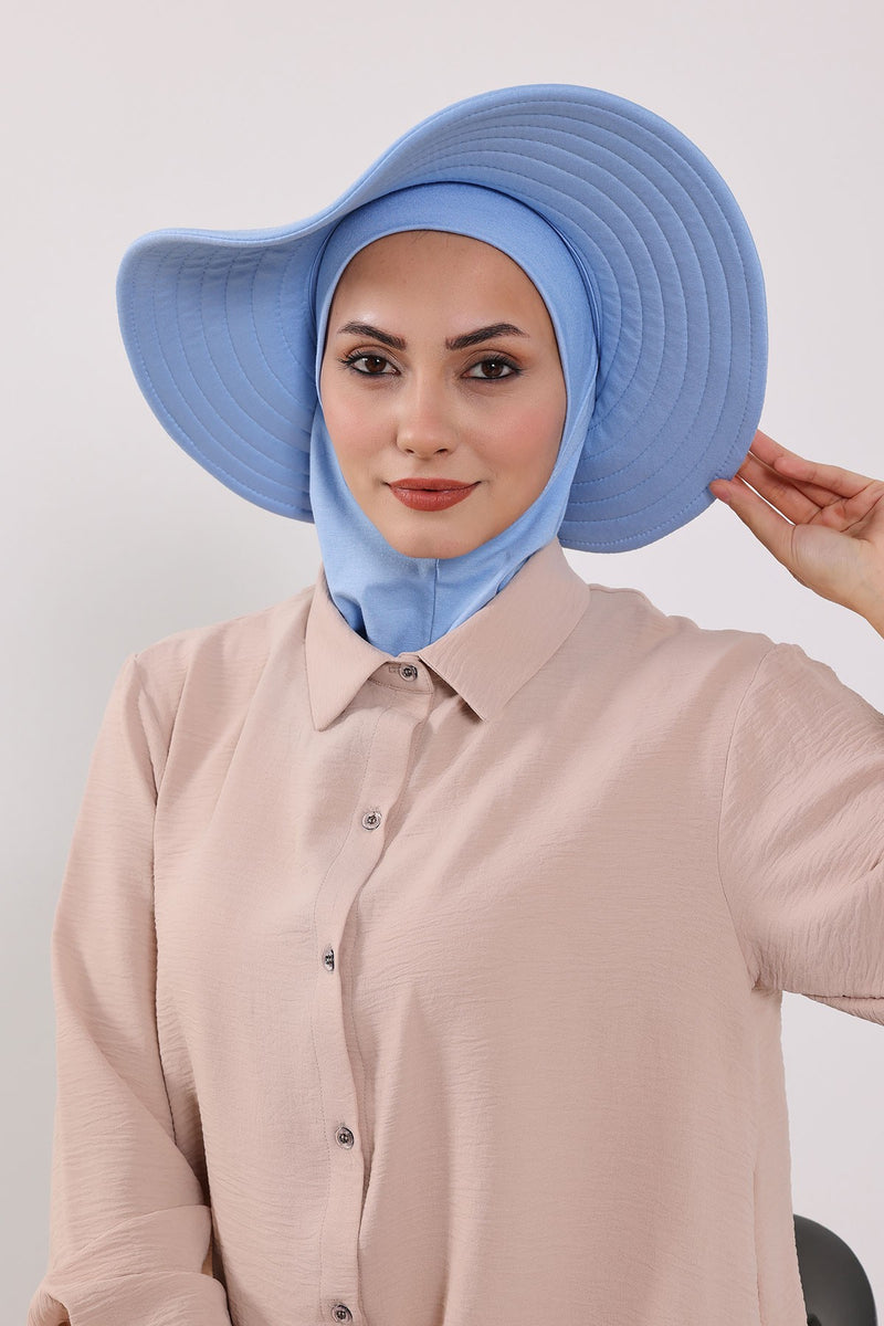 Modest Sun Protective Turban Bonnet with Removable Bow Brim for Women, 2-in-1 Hijab Ninja Cap with Removable Brim,S-5 Blue