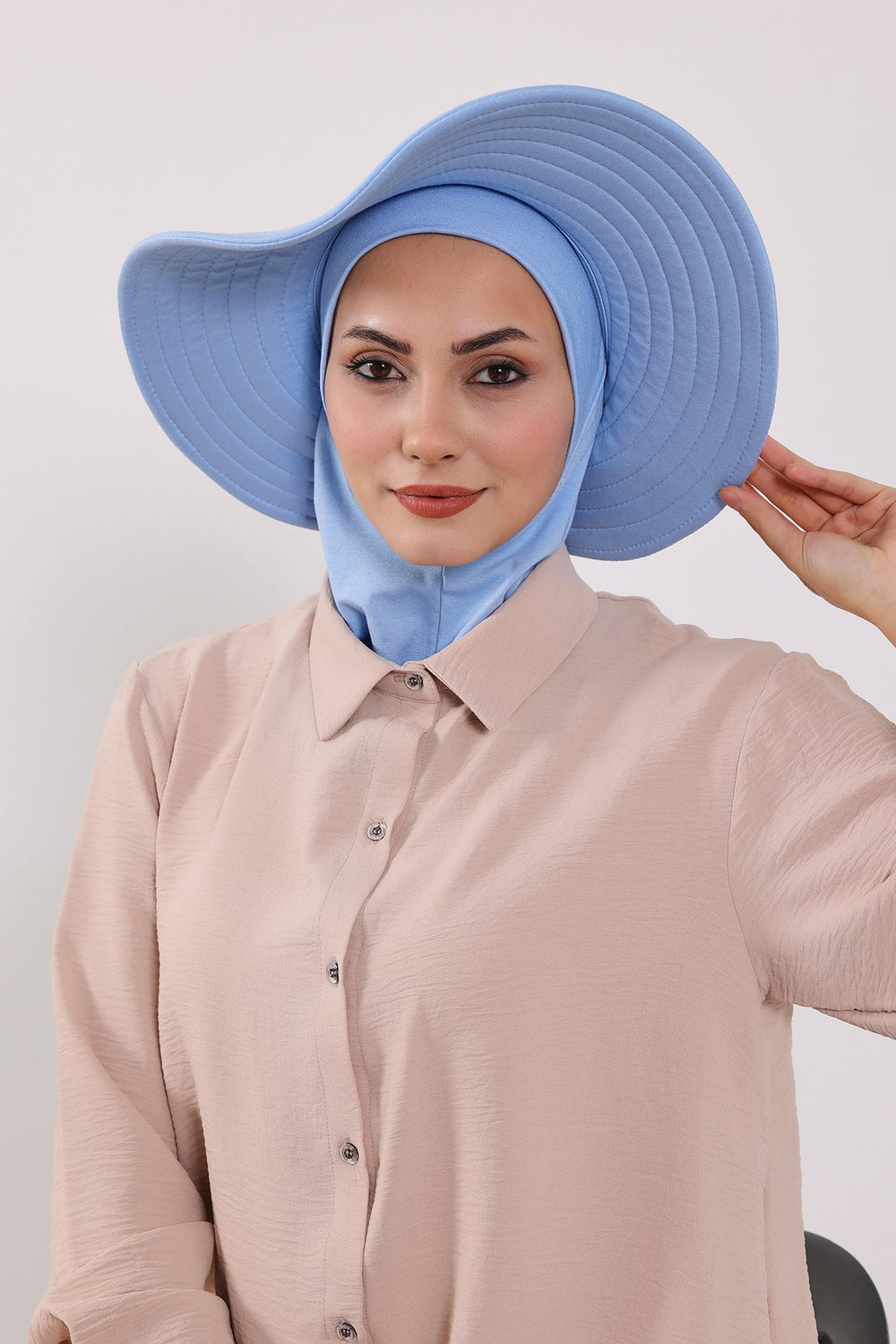 Modest Sun Protective Turban Bonnet with Removable Bow Brim for Women, 2-in-1 Hijab Ninja Cap with Removable Brim,S-5 Blue