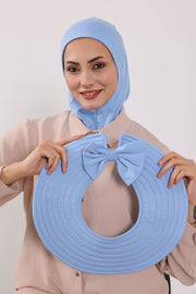 Modest Sun Protective Turban Bonnet with Removable Bow Brim for Women, 2-in-1 Hijab Ninja Cap with Removable Brim,S-5 Blue