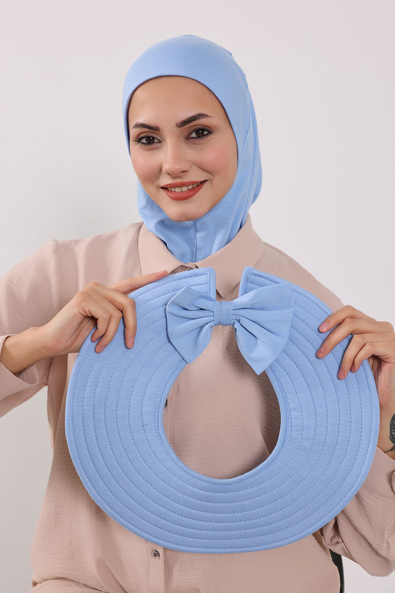 Modest Sun Protective Turban Bonnet with Removable Bow Brim for Women, 2-in-1 Hijab Ninja Cap with Removable Brim,S-5 Blue