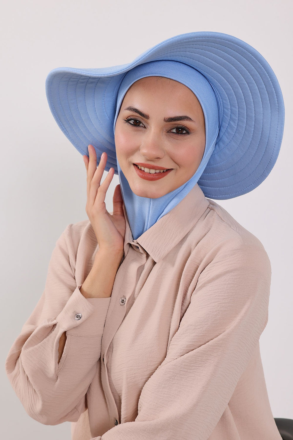 Modest Sun Protective Turban Bonnet with Removable Bow Brim for Women, 2-in-1 Hijab Ninja Cap with Removable Brim,S-5 Blue
