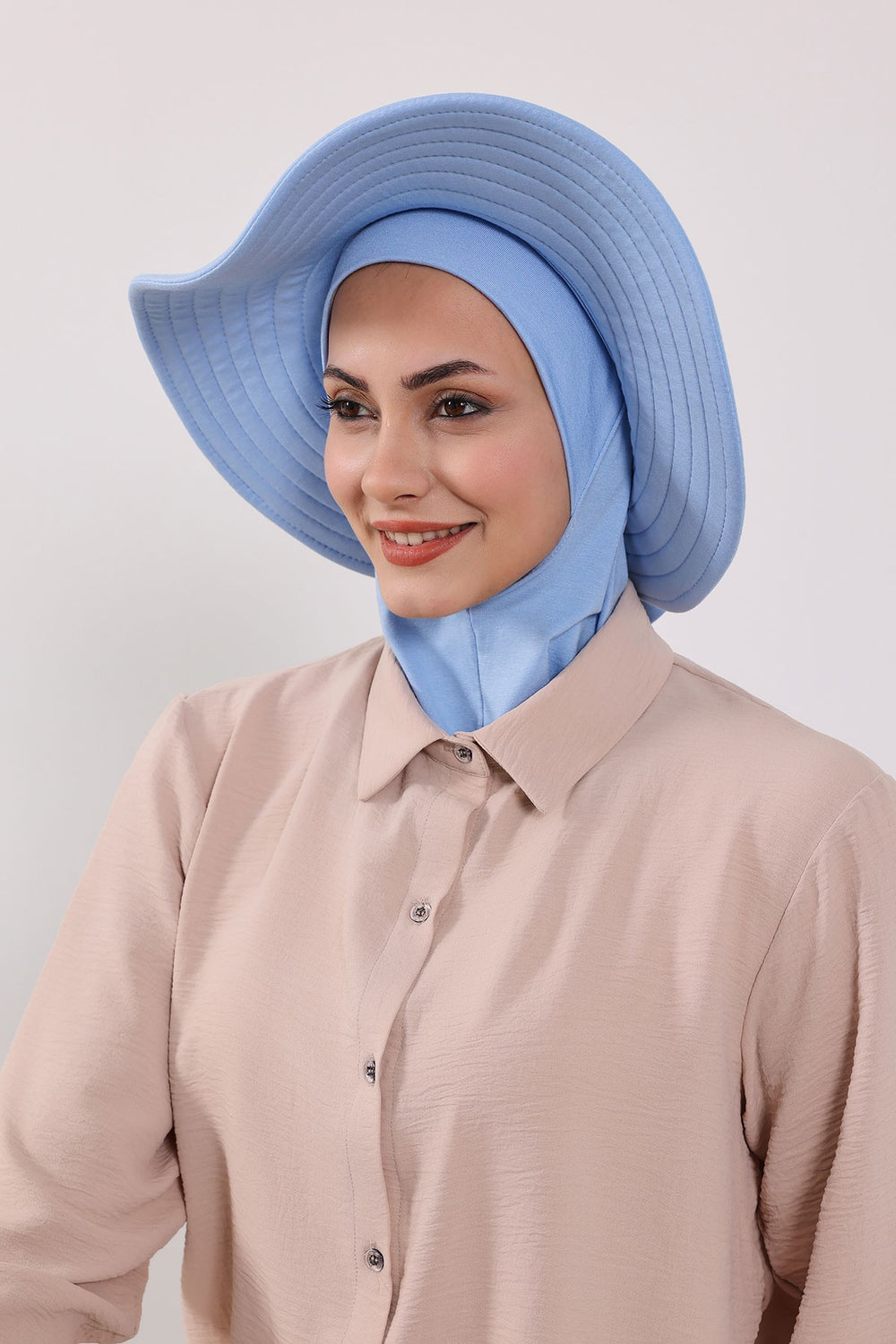 Modest Sun Protective Turban Bonnet with Removable Bow Brim for Women, 2-in-1 Hijab Ninja Cap with Removable Brim,S-5 Blue