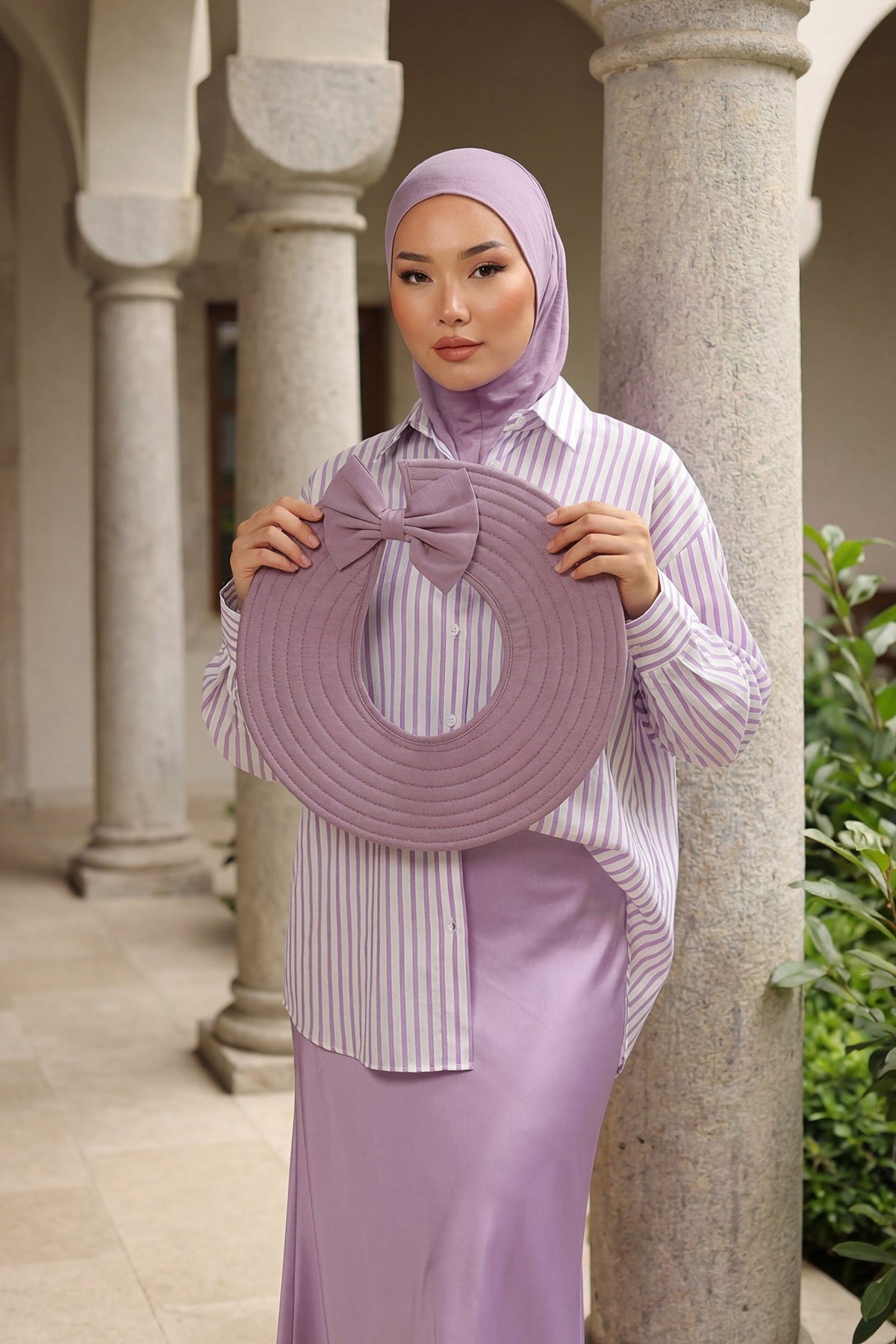Modest Sun Protective Turban Bonnet with Removable Bow Brim for Women, 2-in-1 Hijab Ninja Cap with Removable Brim,S-5 Lilac