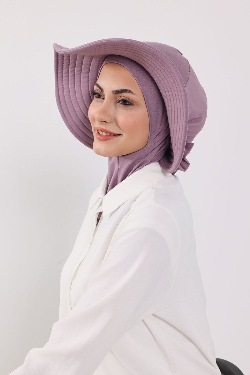 Modest Sun Protective Turban Bonnet with Removable Bow Brim for Women, 2-in-1 Hijab Ninja Cap with Removable Brim,S-5 Lilac