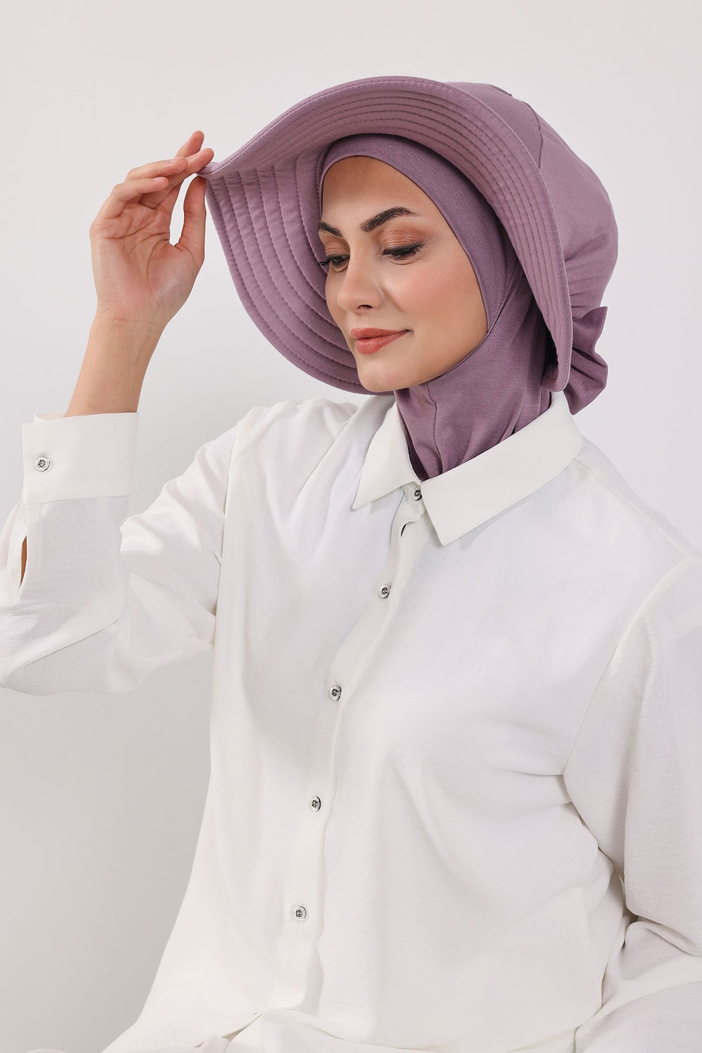 Modest Sun Protective Turban Bonnet with Removable Bow Brim for Women, 2-in-1 Hijab Ninja Cap with Removable Brim,S-5 Lilac