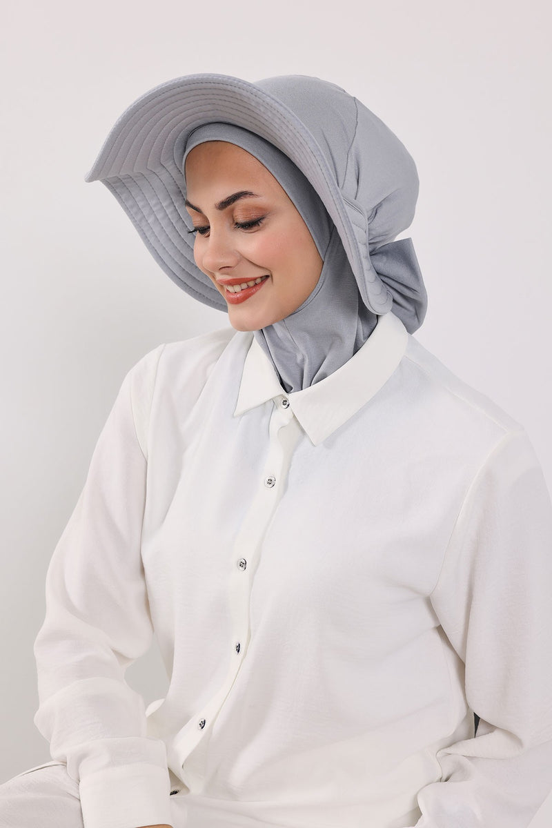 Modest Sun Protective Turban Bonnet with Removable Bow Brim for Women, 2-in-1 Hijab Ninja Cap with Removable Brim,S-5 Grey 2