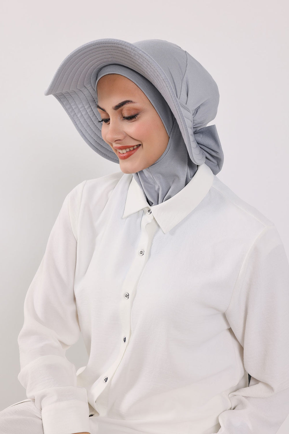 Modest Sun Protective Turban Bonnet with Removable Bow Brim for Women, 2-in-1 Hijab Ninja Cap with Removable Brim,S-5 Grey 2