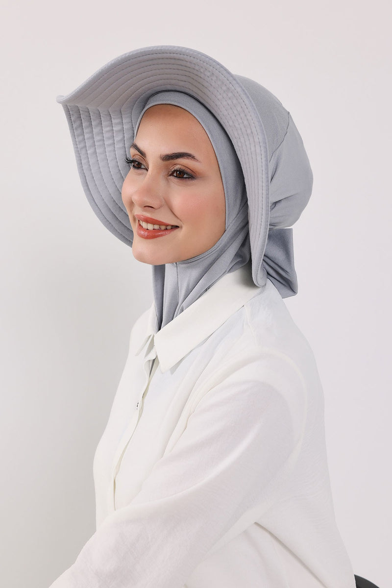 Modest Sun Protective Turban Bonnet with Removable Bow Brim for Women, 2-in-1 Hijab Ninja Cap with Removable Brim,S-5 Grey 2