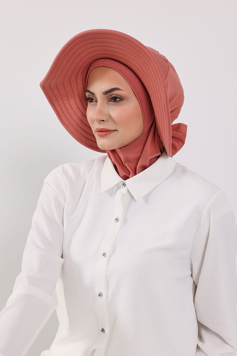 Modest Sun Protective Turban Bonnet with Removable Bow Brim for Women, 2-in-1 Hijab Ninja Cap with Removable Brim,S-5 Salmon