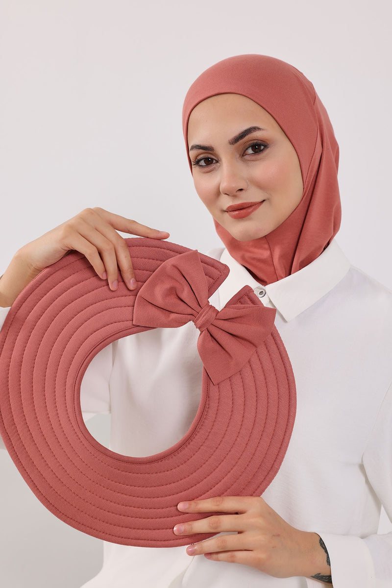 Modest Sun Protective Turban Bonnet with Removable Bow Brim for Women, 2-in-1 Hijab Ninja Cap with Removable Brim,S-5 Salmon