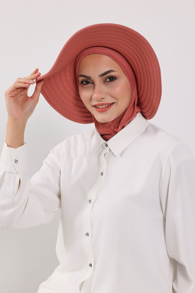 Modest Sun Protective Turban Bonnet with Removable Bow Brim for Women, 2-in-1 Hijab Ninja Cap with Removable Brim,S-5 Salmon