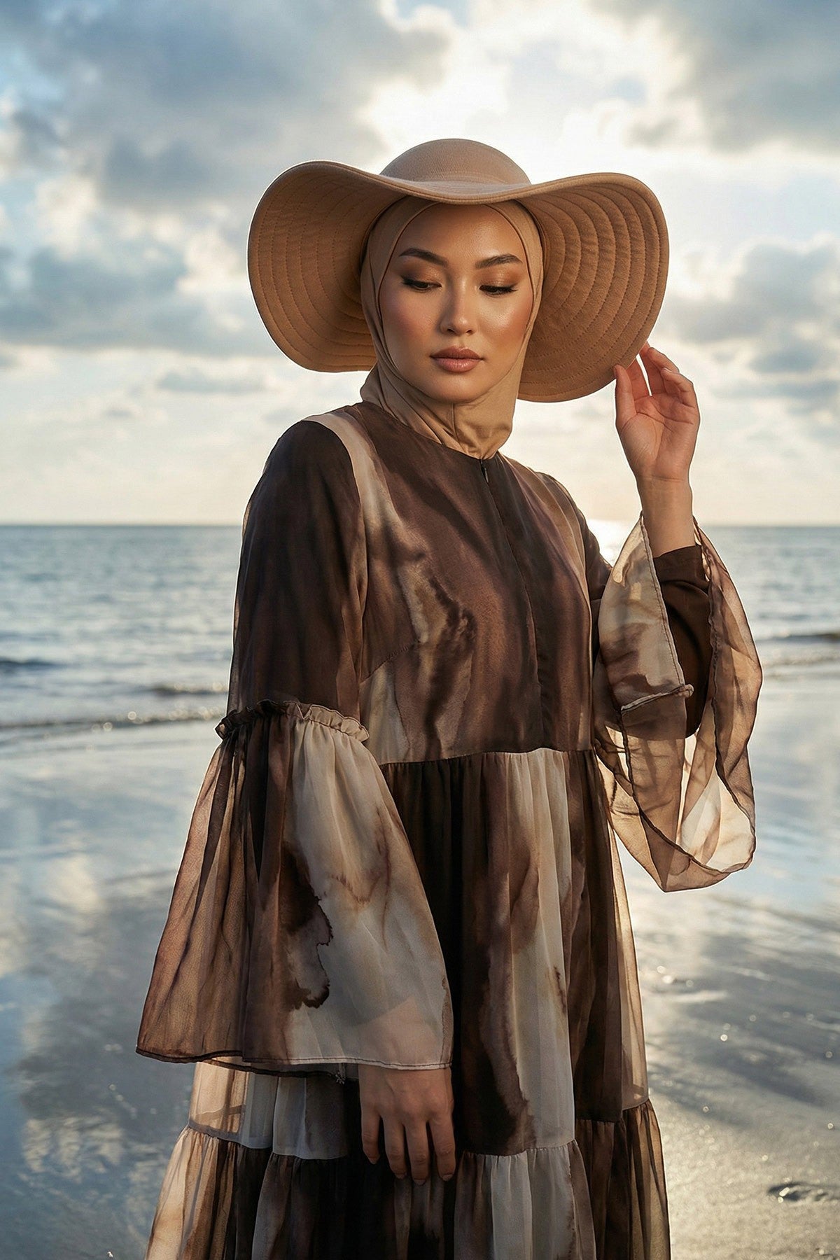 Modest Sun Protective Turban Bonnet with Removable Bow Brim for Women, 2-in-1 Hijab Ninja Cap with Removable Brim,S-5 Sand Brown