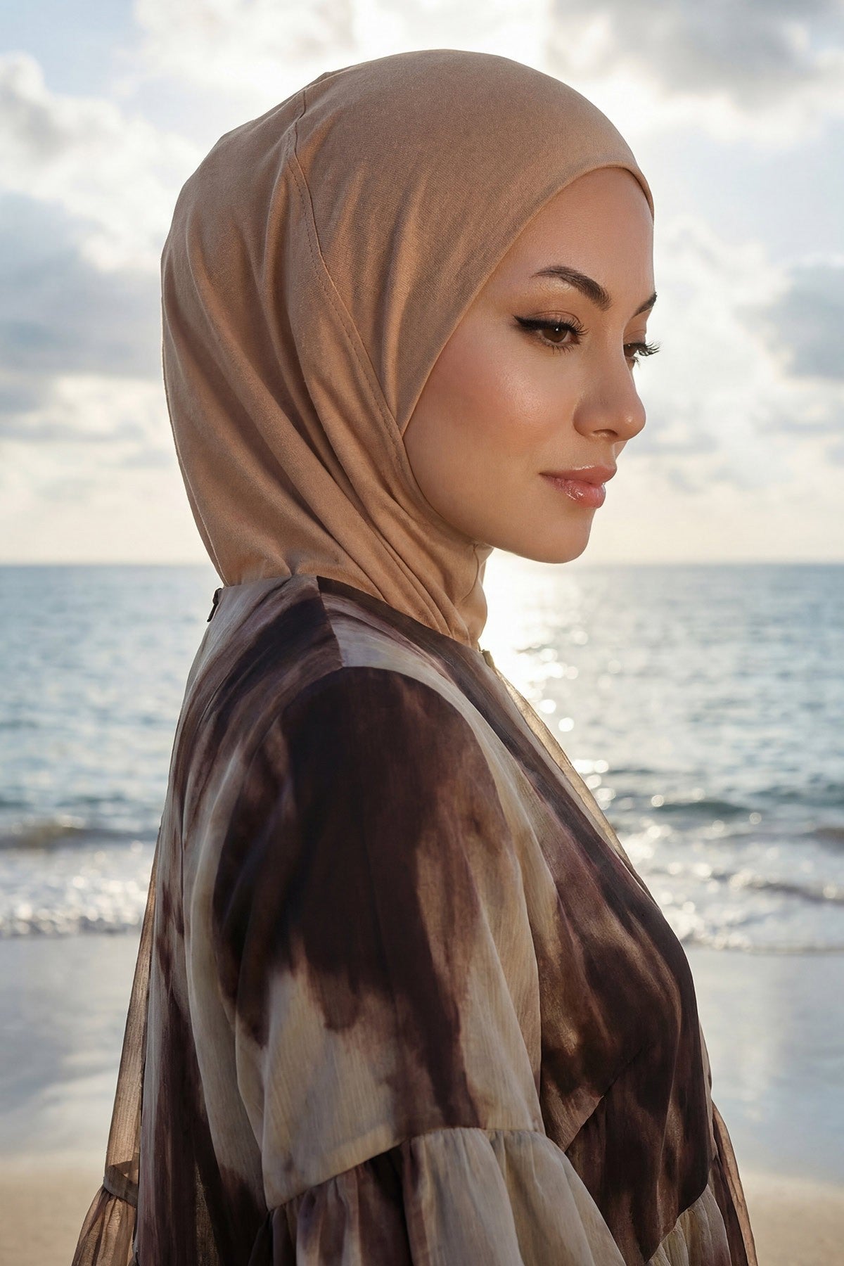 Modest Sun Protective Turban Bonnet with Removable Bow Brim for Women, 2-in-1 Hijab Ninja Cap with Removable Brim,S-5 Sand Brown