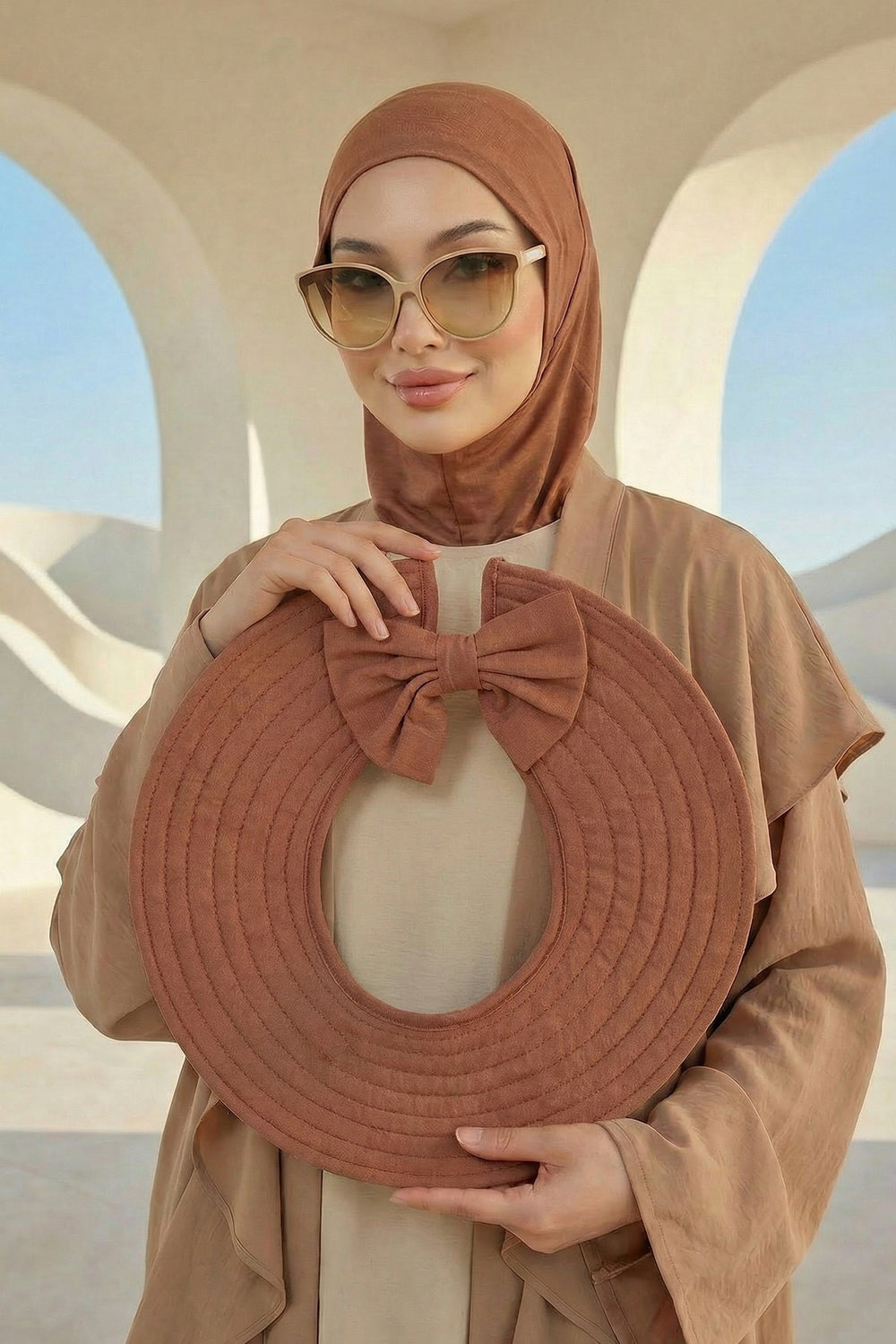 Modest Sun Protective Turban Bonnet with Removable Bow Brim for Women, 2-in-1 Hijab Ninja Cap with Removable Brim,S-5 Caramel Brown