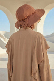 Modest Sun Protective Turban Bonnet with Removable Bow Brim for Women, 2-in-1 Hijab Ninja Cap with Removable Brim,S-5 Caramel Brown