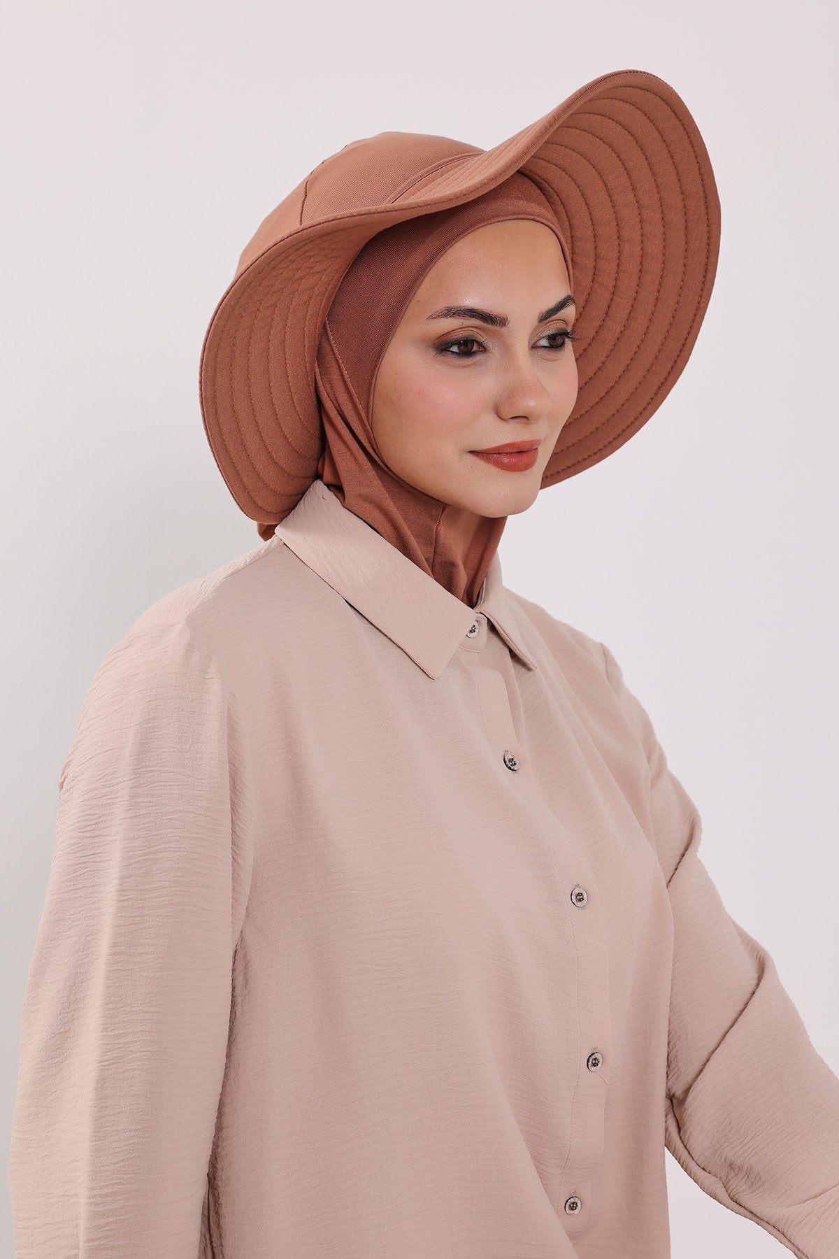 Modest Sun Protective Turban Bonnet with Removable Bow Brim for Women, 2-in-1 Hijab Ninja Cap with Removable Brim,S-5 Caramel Brown