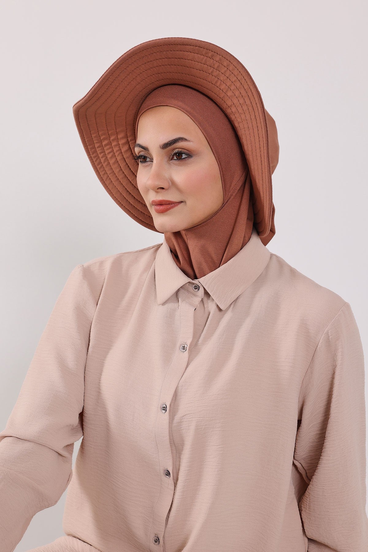 Modest Sun Protective Turban Bonnet with Removable Bow Brim for Women, 2-in-1 Hijab Ninja Cap with Removable Brim,S-5 Caramel Brown